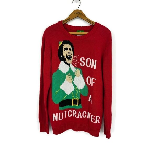 Elf Son of A Nutcracker Christmas Sweater Mens S Red Pullover Buddy - Picture 1 of 4